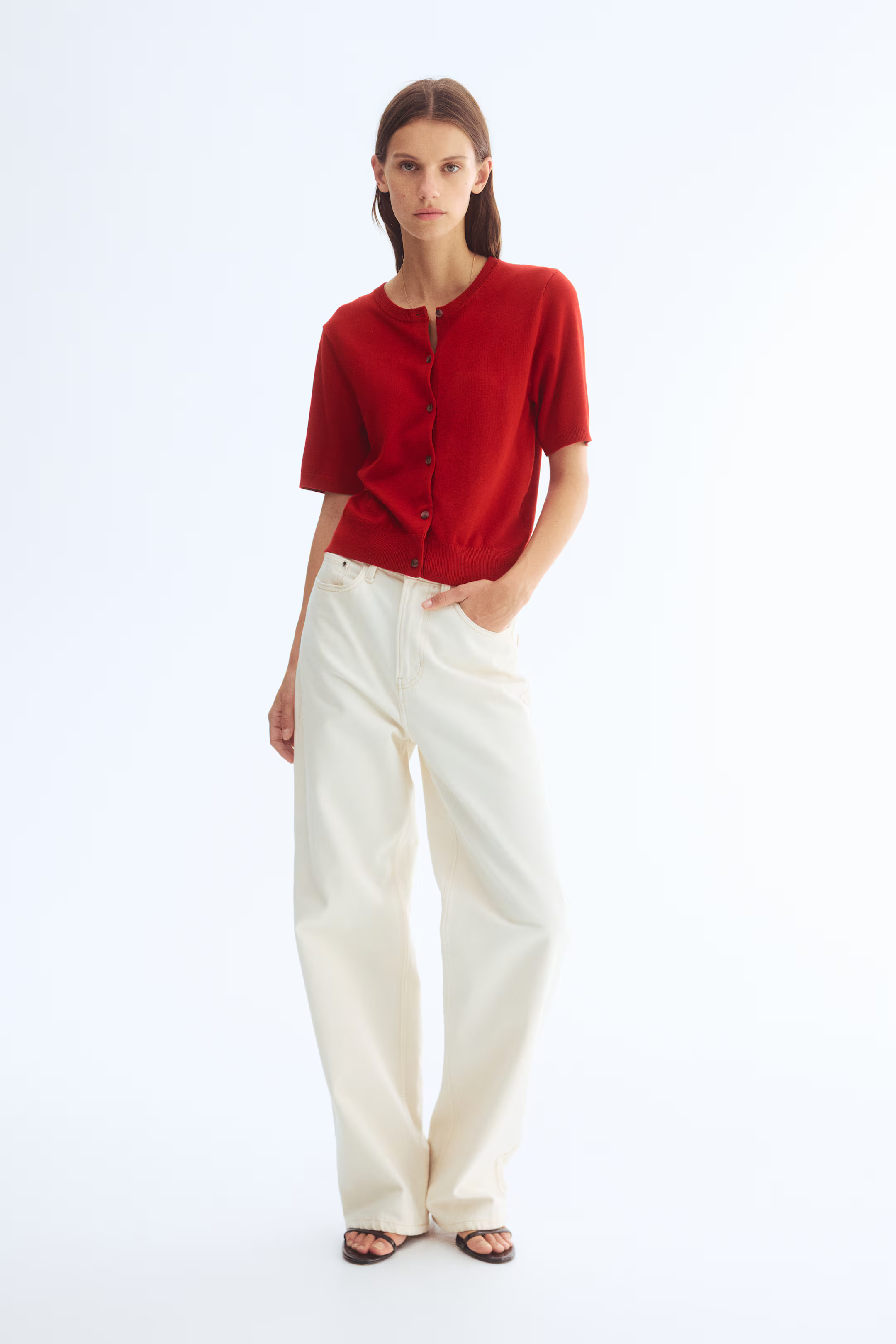 Short-Sleeved Cardigan - Red - Ladies | H&M US | H&M (US + CA)