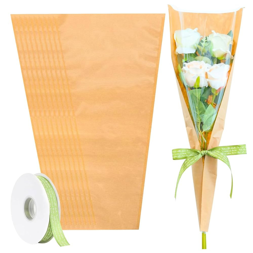 VOCAON 50PCS Flower Bouquet Wrapping Paper with Ribbon, Kraft Packing Sleeves for Bouquets Clear ... | Amazon (US)