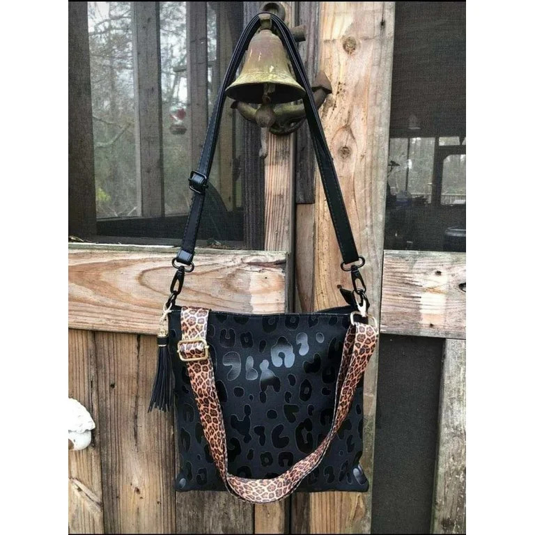 Fugua Canvas Ladies Shoulder Bag With Double Straps,Black Leopard Shoulder Bag | Walmart (US)