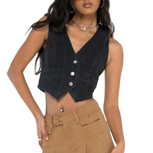 MINNZIZ Women Sleeveless Crop Denim Vest Solid Color V Neck Button Jean Tank Top Retro Y2K Streetwear Going Out Waistcoat（Black, M） | Amazon (US)