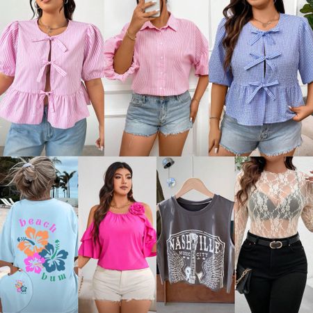 Affordable Cute summer tops 

I am seeing the bow tie tops everywhere and thought these two were just too cute! Also love the pink striped with short puff sleeves. The cut off Nashville tank is IN MY CART because how freaking cute! Mesh and lace under anything is still trending so included a cute mesh / lace shirt that comes in small the colors! And a bright pink cold shoulder blouse is perfect for summer as well. 