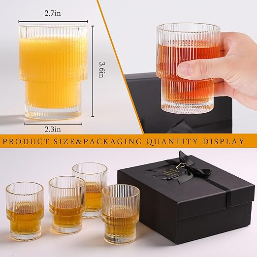 Origami Style Glass Cups Gift Pack, set of 4,Gift Box Drinking Glasses with Coffee Spoon,Ice Coff... | Amazon (US)