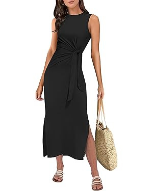 ANRABESS Womens Summer Casual Sleeveless T Shirt Midi Dress Slim Fit Tie Waist Split Tank Long Dr... | Amazon (US)