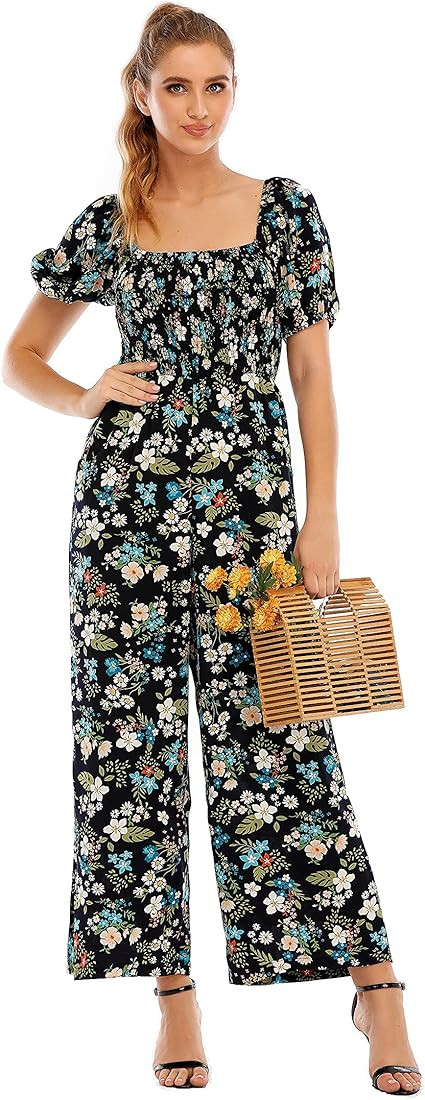 Love Welove Fashion Women's Floral Short Sleeve High Waist Wide Leg Pants Casual Loose Smocked Jumps | Amazon (US)