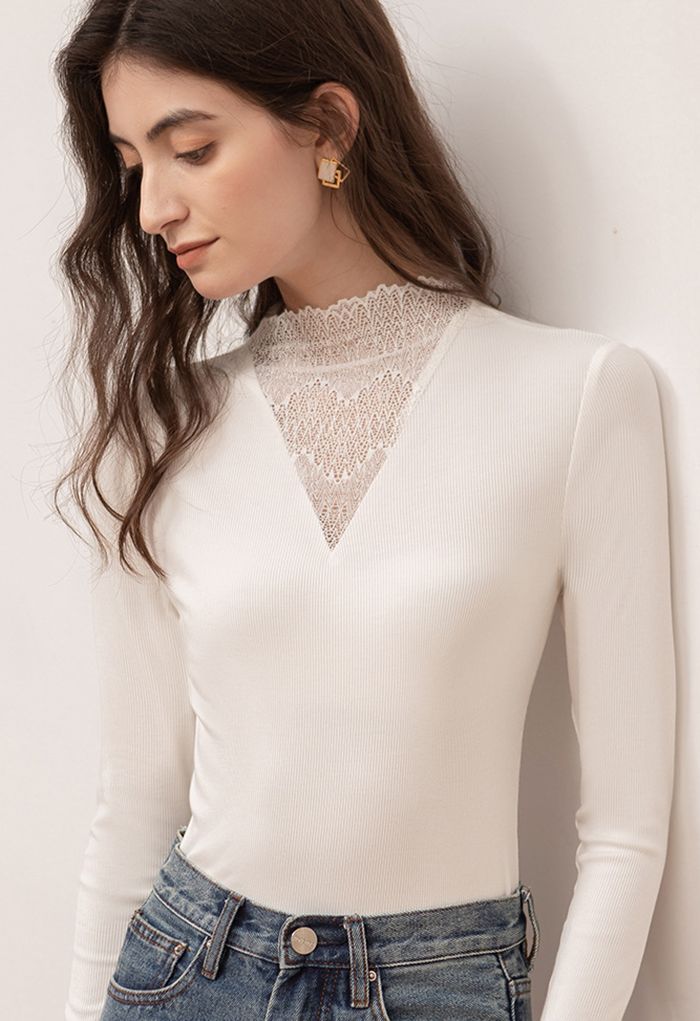 Lacy Spliced V-Neck Fitted Top in White | Chicwish