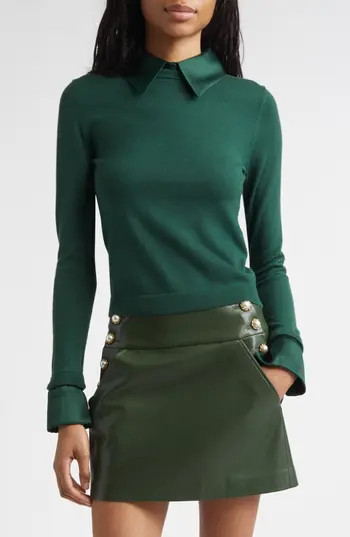 Alice + Olivia Porla Satin Trim Stretch Wool Sweater in Green Mystique at Nordstrom Rack, Size Medium | Nordstrom Rack