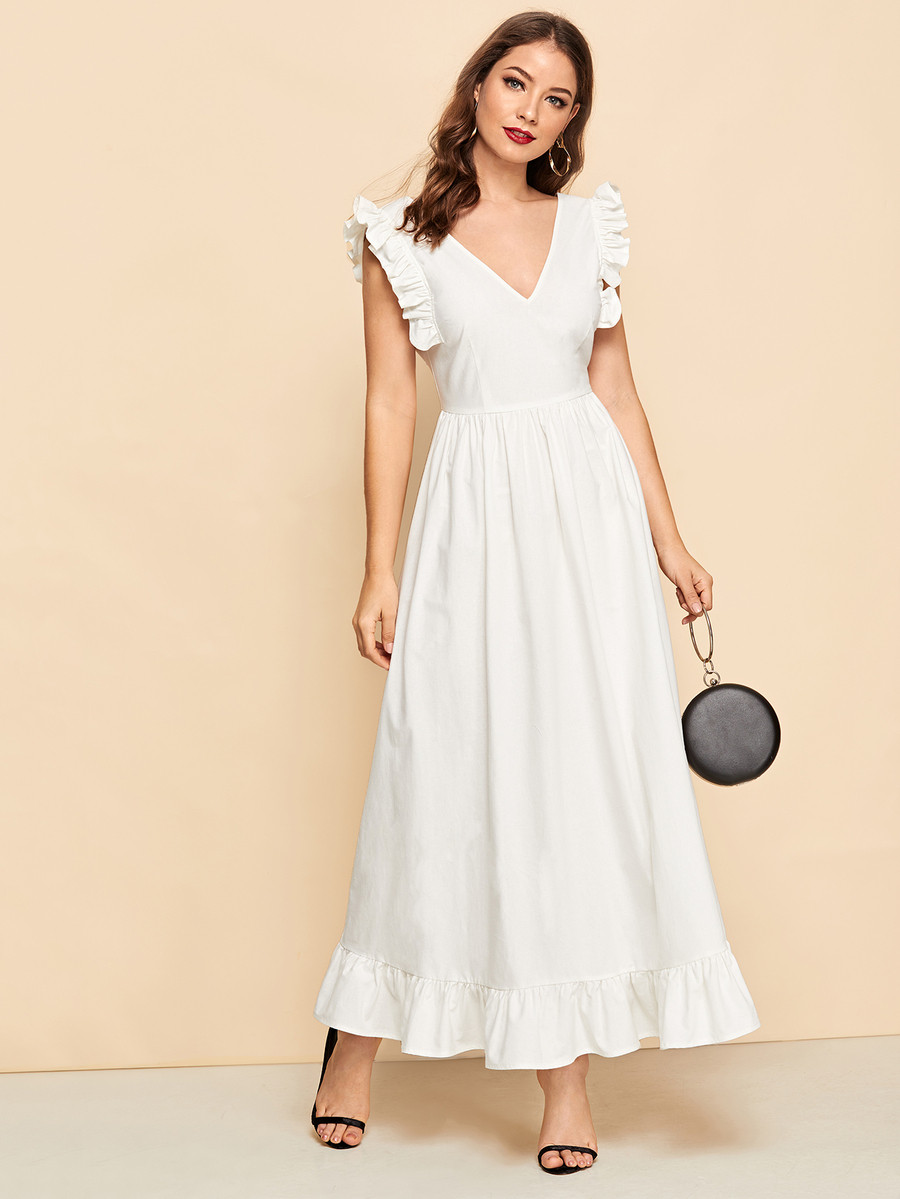 SHEIN Plunging Ruffle Armhole & Hem Maxi Dress | SHEIN