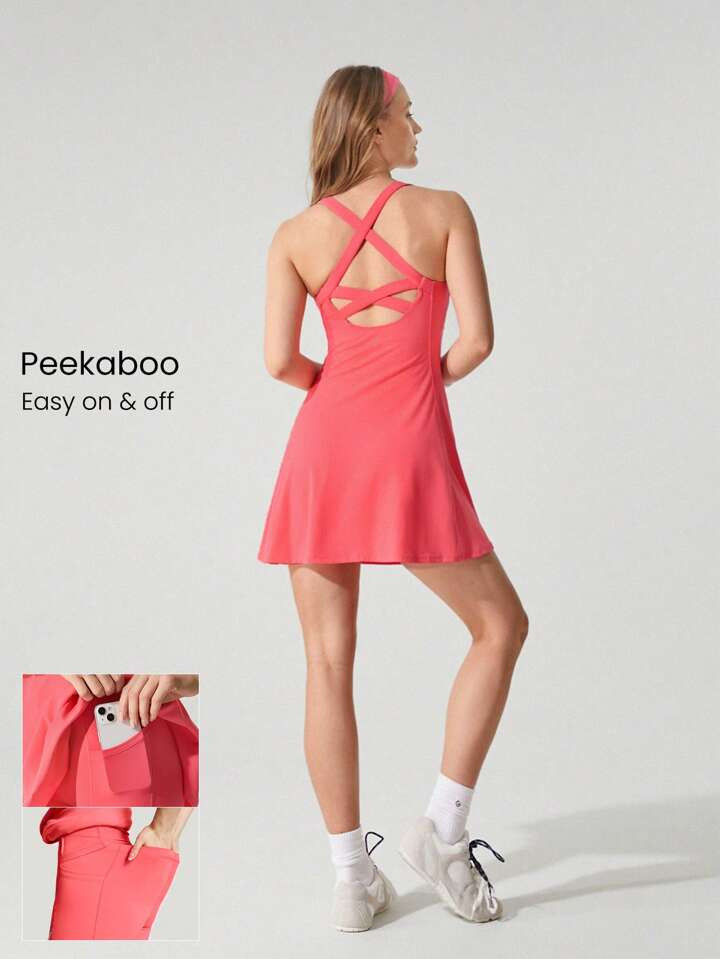 GLOWMODE FeatherFit™-Air Peekaboo Mini Dress With Built-In Shorts Pocket Square Neck Anti-Slip Crisscross Light Support Low Impact Quick Dry Moisture Wicking Spring Summer | SHEIN