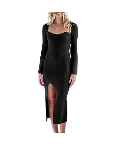 ANRABESS Women's Long Sleeve Sweetheart Neck Tie Waist Slit Side Knit Bodycon Midi Sweater Dress | Amazon (US)