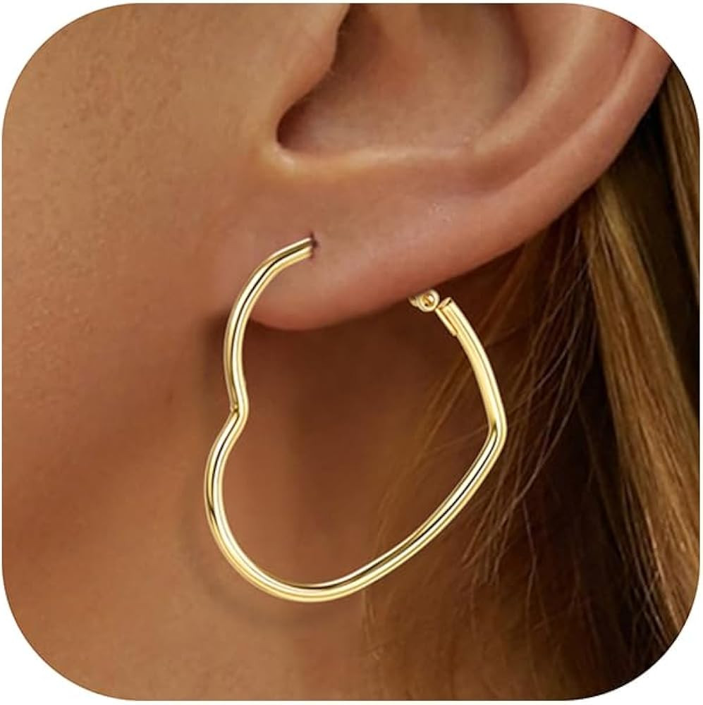 Heart Earrings for Women, 14K Plated Gold/Silver Big Small Stainless Steel Hoops Earrings, Fashio... | Amazon (US)