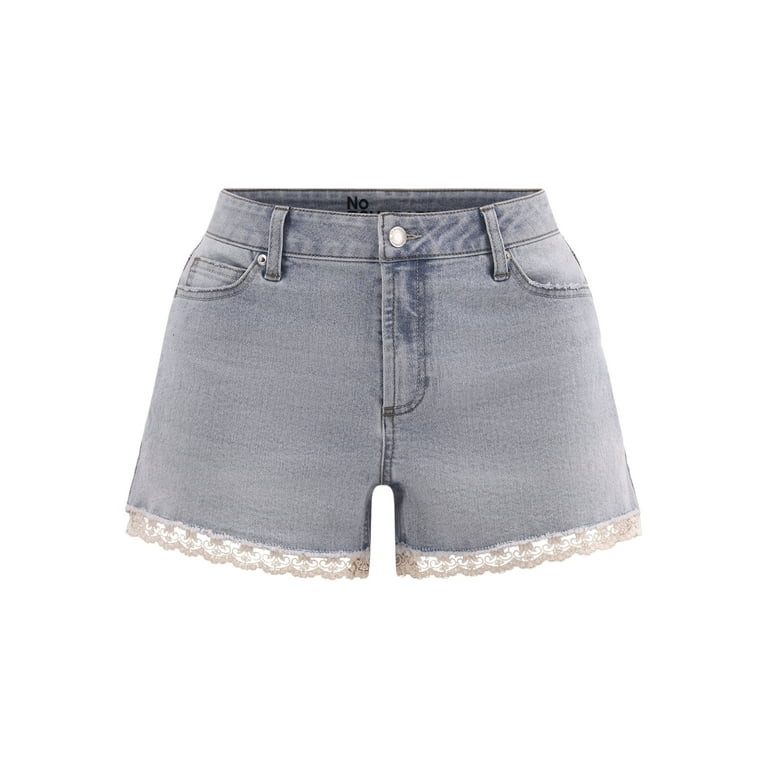 No Boundaries Denim Shorts with Crochet Lace Trim, 3'' Inseam, Women's and Women's Plus | Walmart (US)