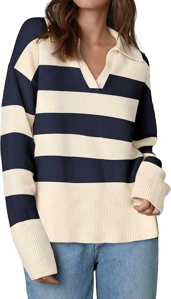 Zeagoo Women's 2024 Fall Striped Sweater V Neck Long Sleeve Fashion Oversized Knitted Pullover Sw... | Amazon (US)