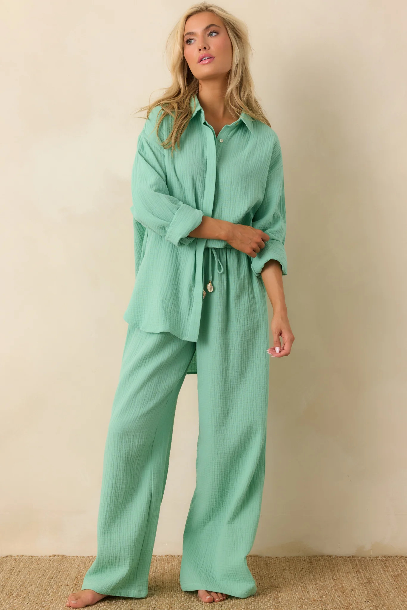 Paradisa Naples Seaglass Green Cotton Button-Up Top | Red Dress