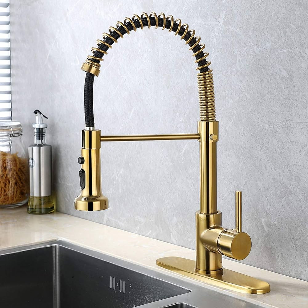 Ntipox Commercial Brushed Gold Kitchen Faucet with Pull Down Sprayer, High-Arc Single Handle Sing... | Amazon (US)