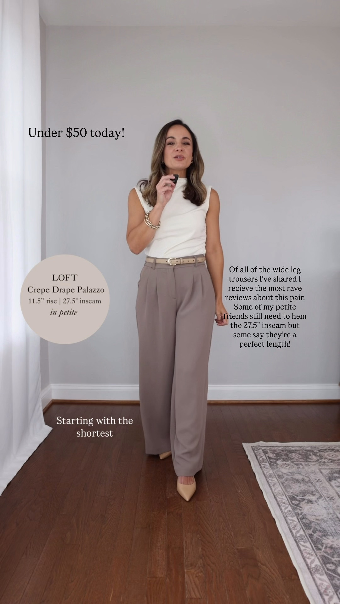 Under $50 wide leg pants for petites! I get the most rave reviews about these pants. Some of my petite friends still need to hem the 27.5” inseam but for some they’re a perfect length. 

Pants: petite 00 
Top: xs

#LTKPetite