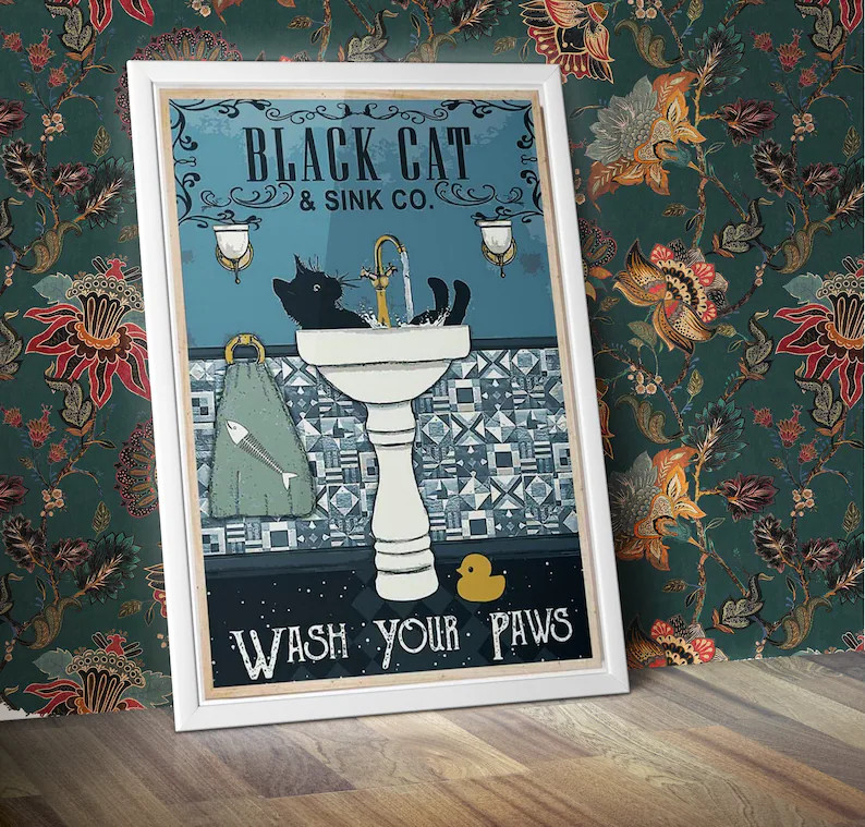 Black Cat Wash Your Paws Poster Bathroom Decoration Print Animal Picture Vintage Wall Art Toilet ... | Etsy (US)
