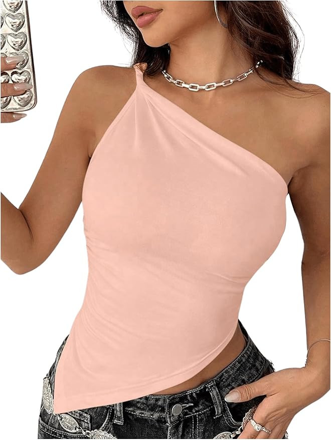 MakeMeChic Women's One Shoulder Tops 2025 Summer Y2k Asymmetric Hem Sleeveless Top Blouses | Amazon (US)