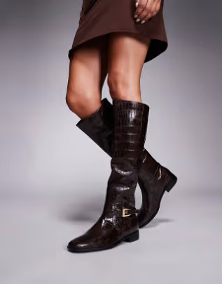 Public Desire Mackie knee boots with buckle in brown croc | ASOS (Global)