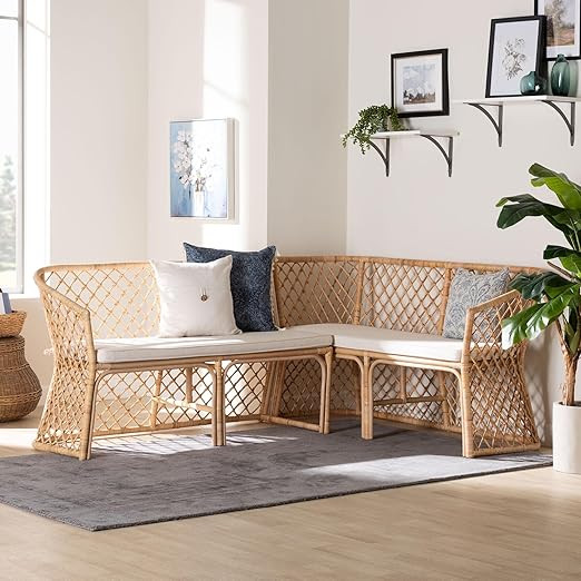bali & pari Aysi Rattan Dining Nook Set, 2-Piece Corner Bench Seating with Cushions, Natural Wick... | Amazon (US)