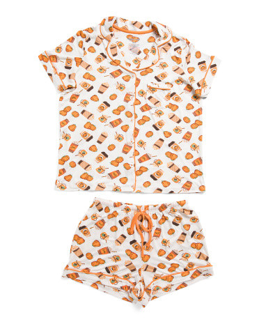 2pc Harvest Latte Notch Collar Top And Shorts Pajama Set for Women | Polyester/Spandex | Marshalls