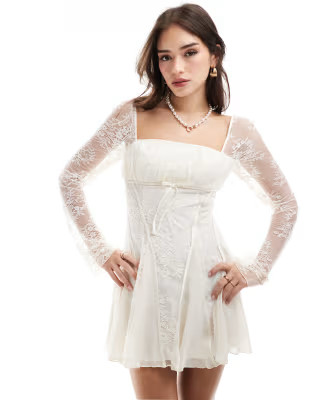 ASOS DESIGN lace godet bow detail mini dress in white | ASOS | ASOS (Global)