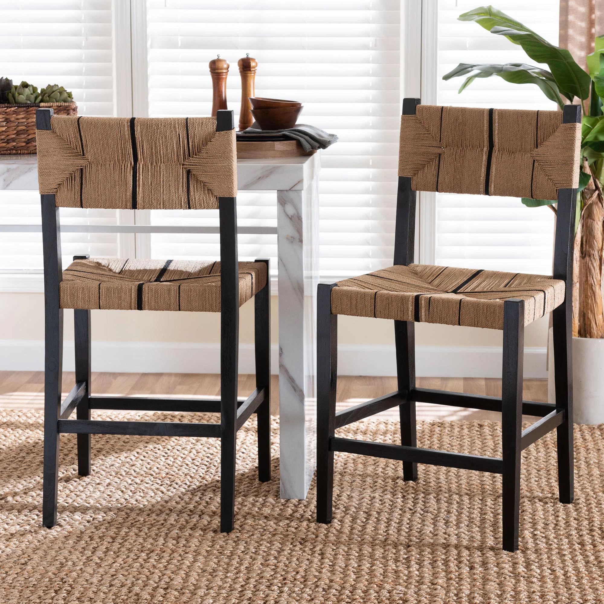 Brieana bali & pari Prita Bohemian Paper Loom and Black Mahogany Wood 2-Piece Counter Stool Set | Wayfair North America