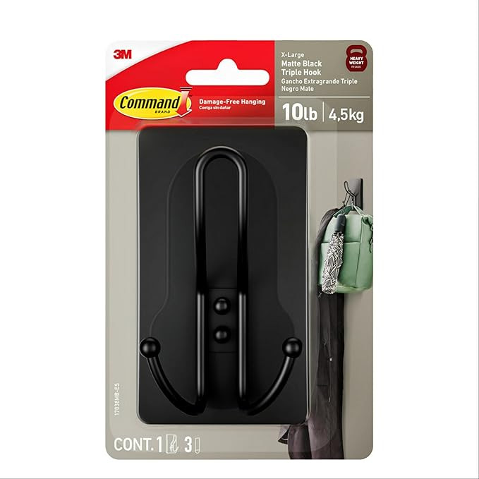 Command X-Large Matte Black Triple Hook, 1 Hook, 3 Command Strips, Damage Free Hanging Wall Hooks... | Amazon (US)