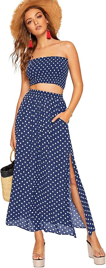 Floerns Women's 2 Piece Outfit Polka Dots Crop Top and Long Skirt Set with Pockets | Amazon (US)