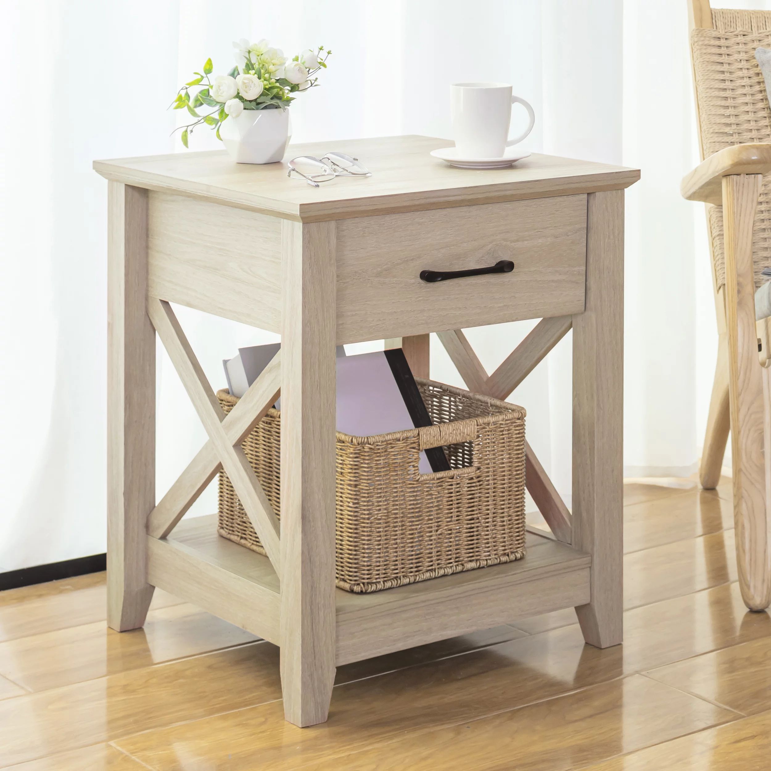 Benton Park Farmhouse X-Design End Table with Storage Drawer, Warm Oak - Walmart.com | Walmart (US)