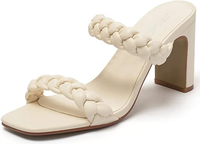 Katliu Women's Braided Heeled Mules Square Toe Block Heel Sandals Two Strap Heeled Slide Sandals | Amazon (US)