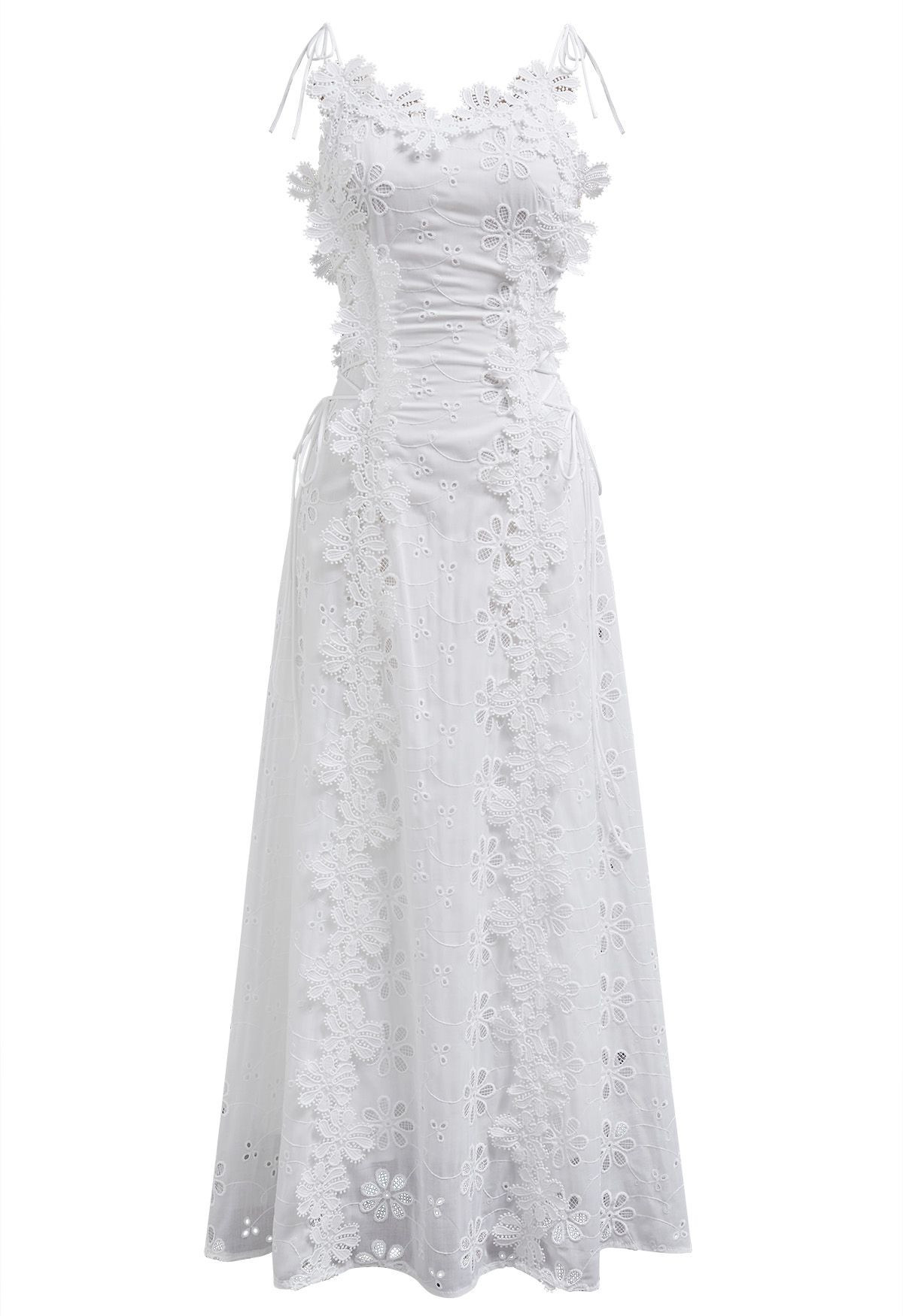 3D Floral Embroidered Lace-Up Cami Maxi Dress | Chicwish