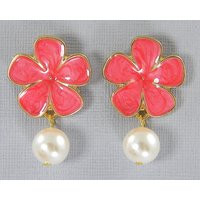 Hot Pink Flower Earrings, Coral Gold Stud, White Pearl Dangle Pierced Red Floral Jewelry |Eb3-15 | Etsy (US)