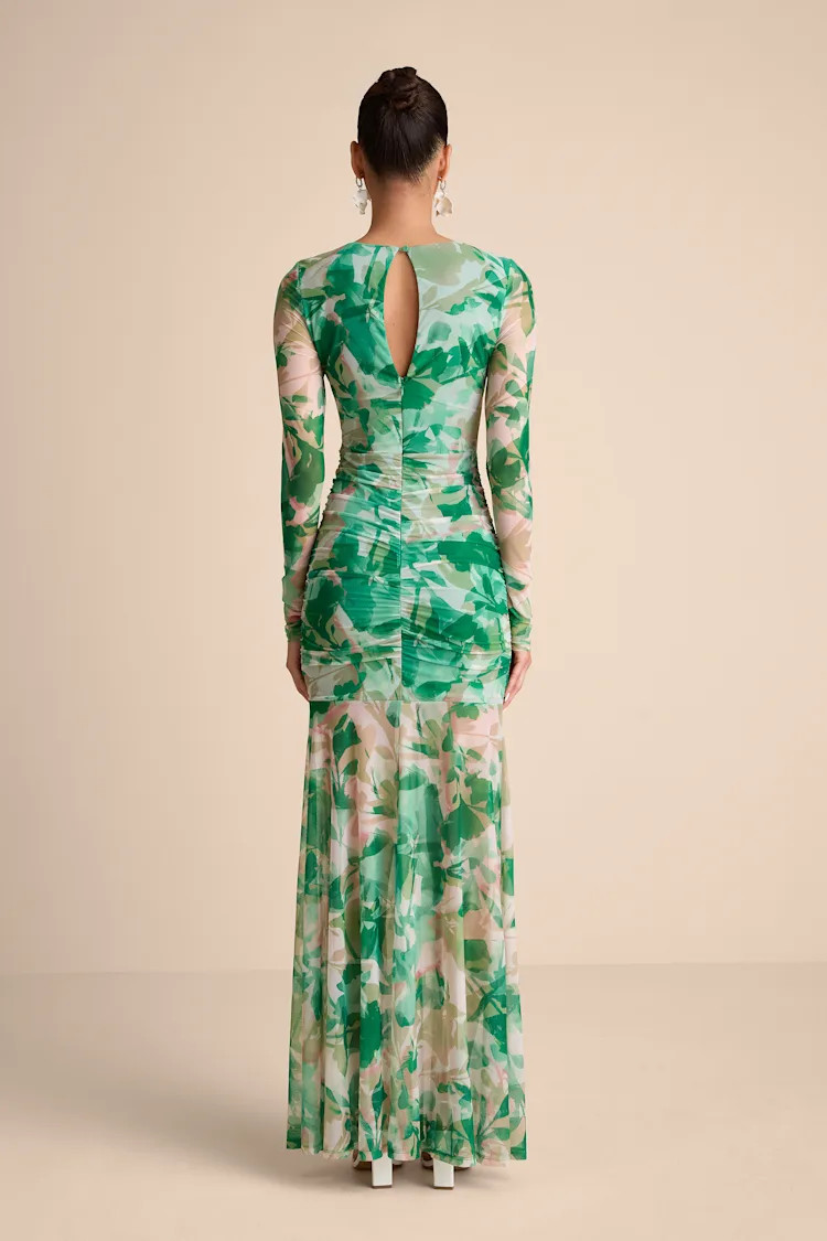 Vibrant Poise Green Floral Print Mesh Ruched Maxi Dress | Lulus