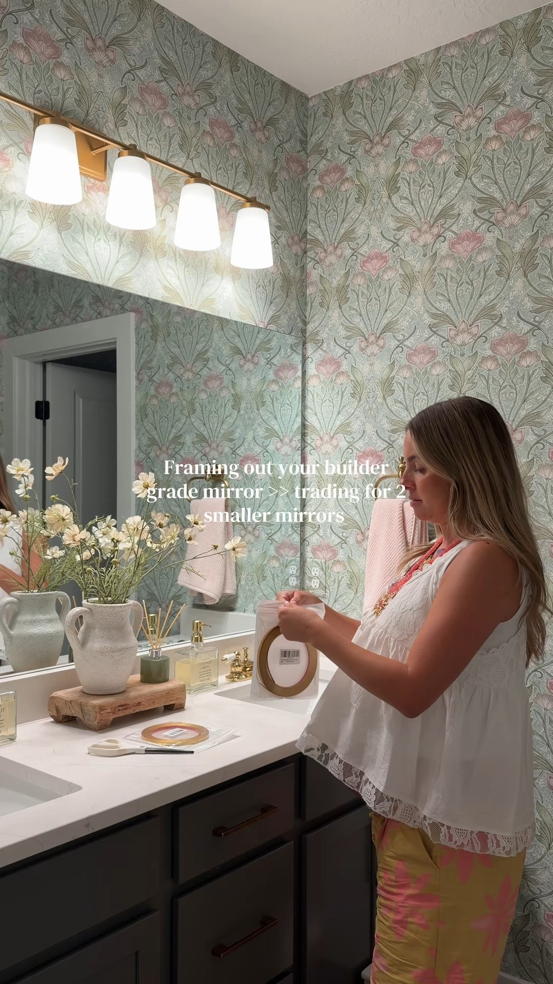 Builder grade bathroom makeover! Easy bathroom remodel. Affordable bathroom upgrades. For the frame I got matte gold in the thinnest size option! I also have the black in my master bathroom :)

#LTKHome #LTKdayinmylife