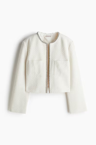 H & M - Rhinestone-Embellished Bouclé Jacket - White | H&M (US + CA)