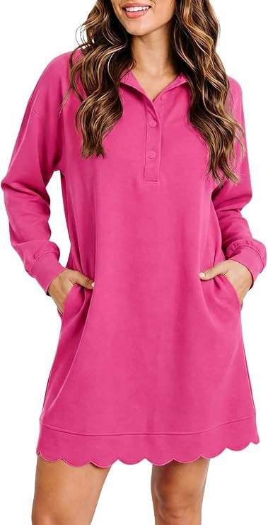Fisoew Womens T Shirt Mini Dress Casual Long Sleeve V Neck Athletic Dresses | Scalloped Hem, Pock... | Amazon (US)