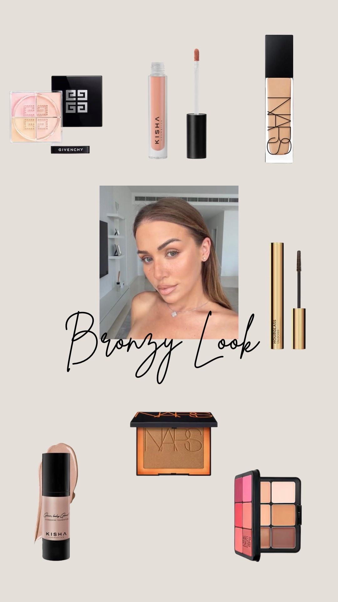 Mein Bronzy Look🤎

- Glow foundation nr. 1 
- NARS Natural radiant longweqr foundation 
- Make-up For ever HD Skin Face essentials palette 
- Prisme Libre loose powder 
- Nars Laguna Bronzer
- Hourglass unlocked Mascara Espresso 
 - KISHA Gloss naked 23