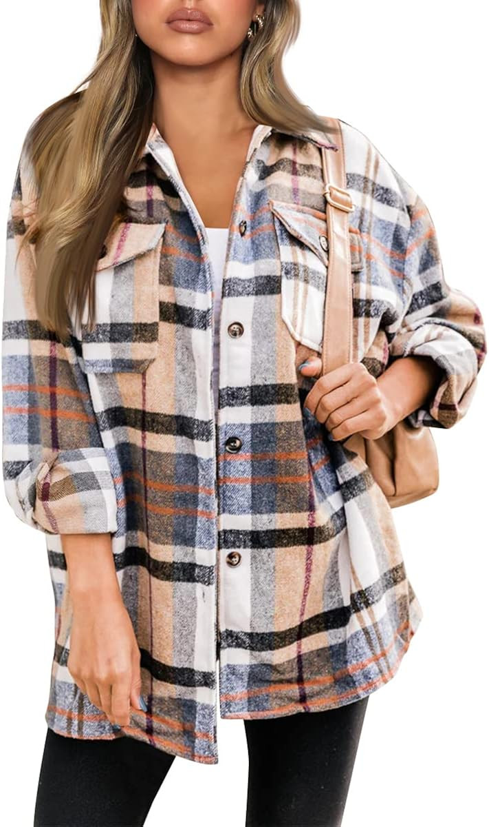 AUTOMET Womens Casual Plaid Shacket Wool Blend Button Down Long Sleeve Shirt Fall Jacket Shackets | Amazon (US)