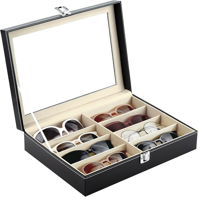 8 Slot Sunglass Organizer Leather Eyeglasses Collector Eyewear Display Case Storage Box, Black | Amazon (US)