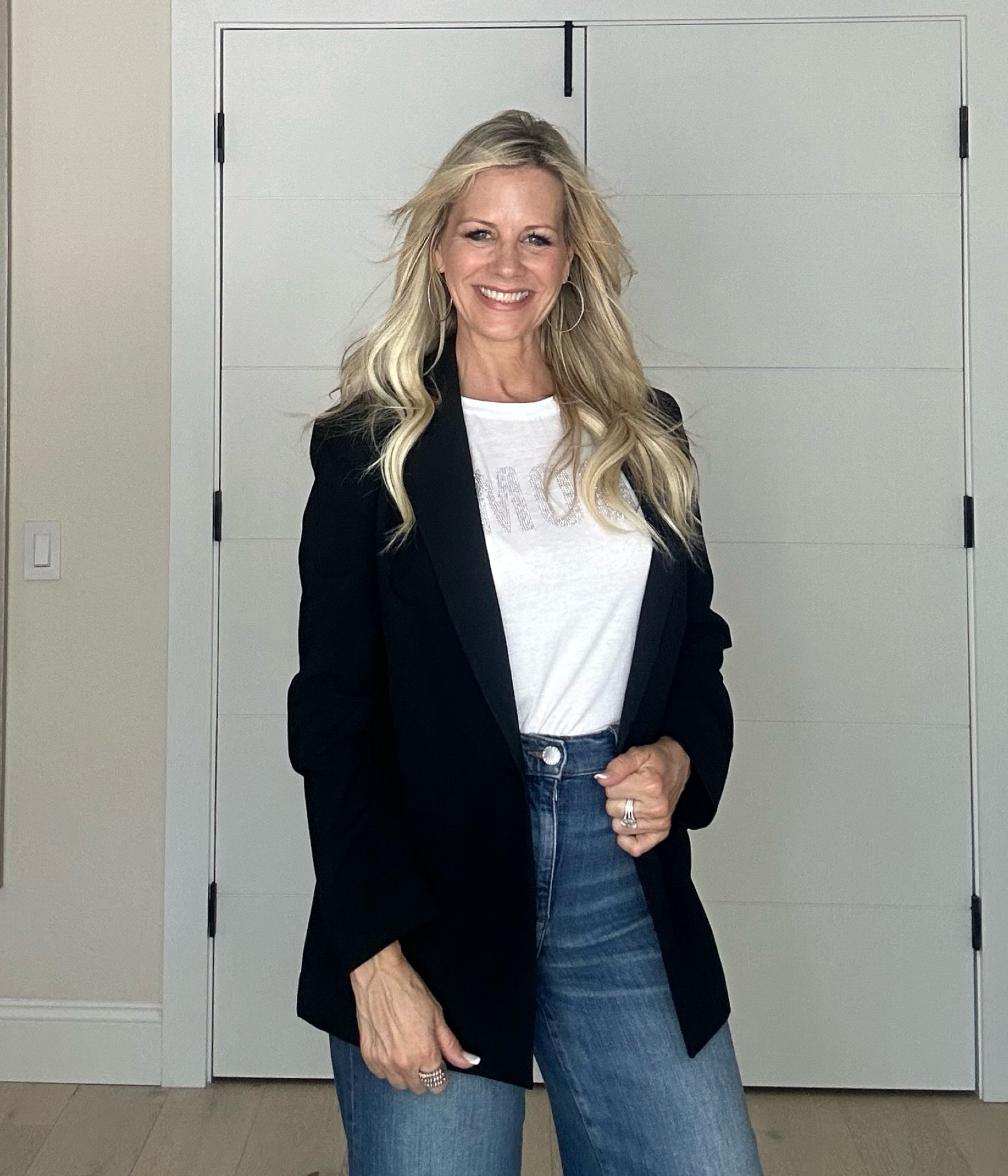 Celebrating that I reached over 100 followers on my LTK!  Yay!  Thank you so much for your support on my red carpet of life journey.  I look forward to sharing more fun content with you. 

Wearing an oversized blazer from Nordstrom Anniversary Sale. (wearing an XS) styled with palazzo leg jeans and a white tee. 

#LTKxNSale #LTKSummerSales #LTKOver40