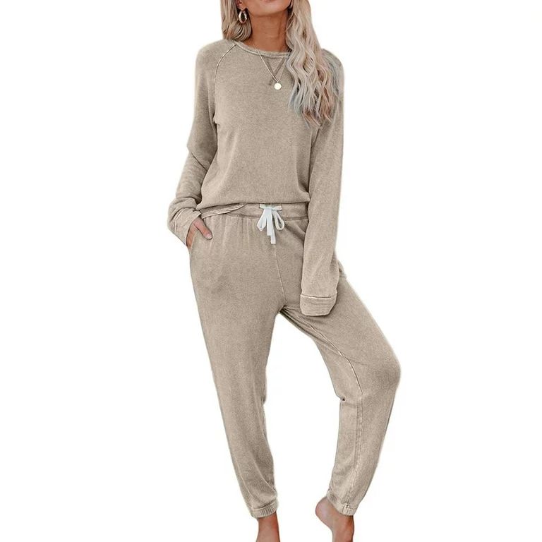 Capreze Long Sleeve Nightwear Solid Color Pajamas Sets for Women Casual Pjs Lounge Set Home Cloth... | Walmart (US)