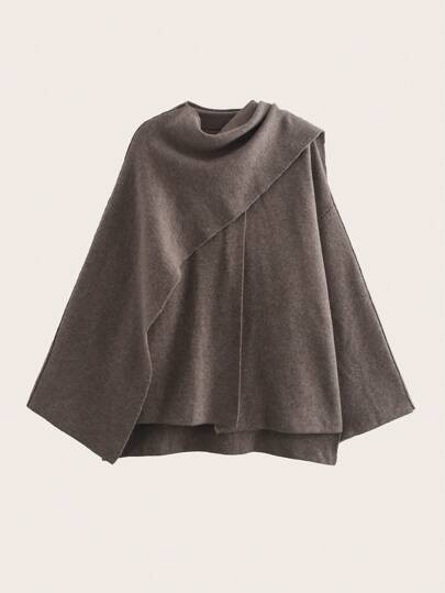 Casaco de malha de manga comprida estilo poncho casual feminino, para uso diário | SHEIN