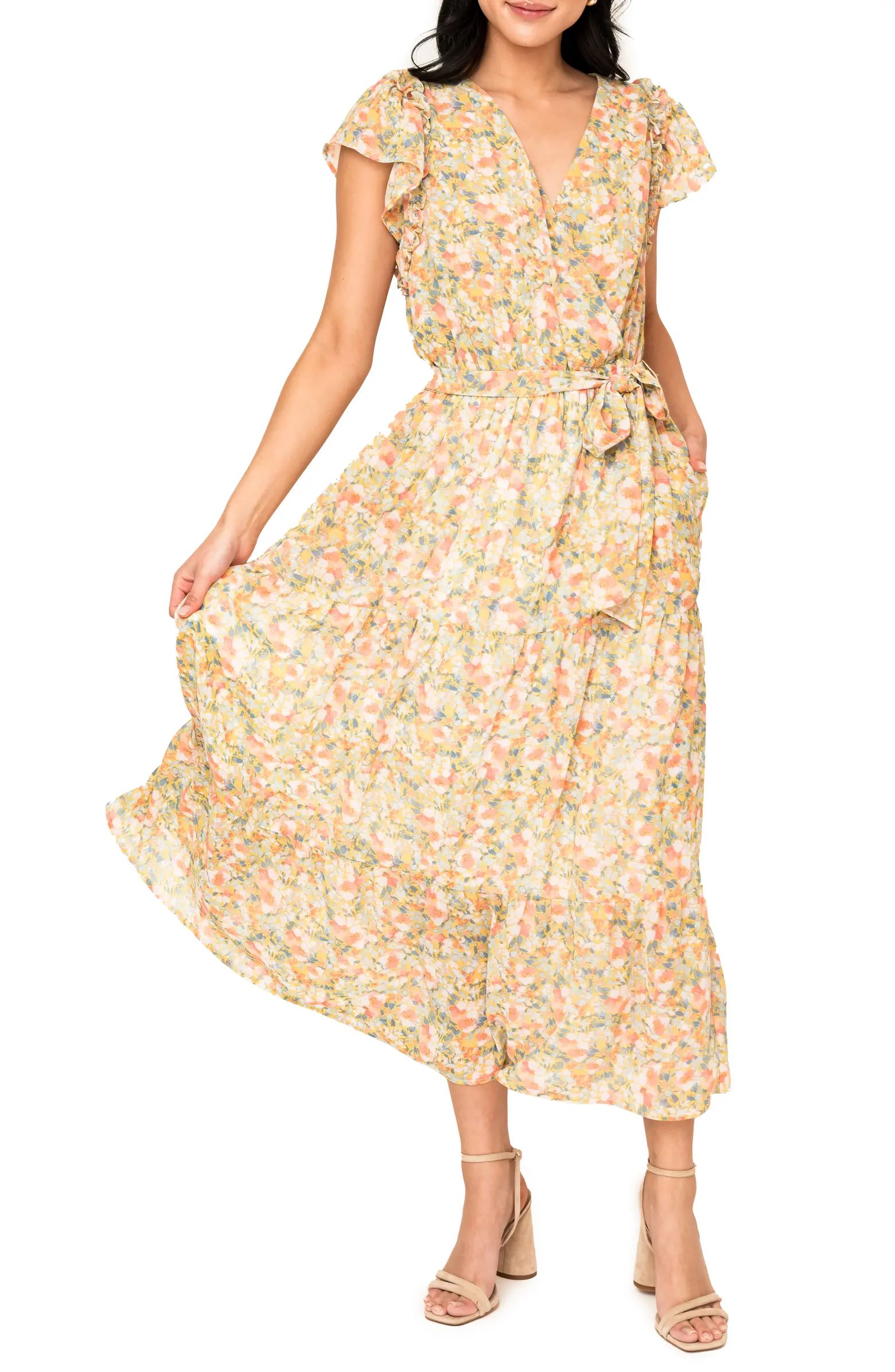 GIBSONLOOK Floral Flutter Sleeve Midi Dress | Nordstrom | Nordstrom