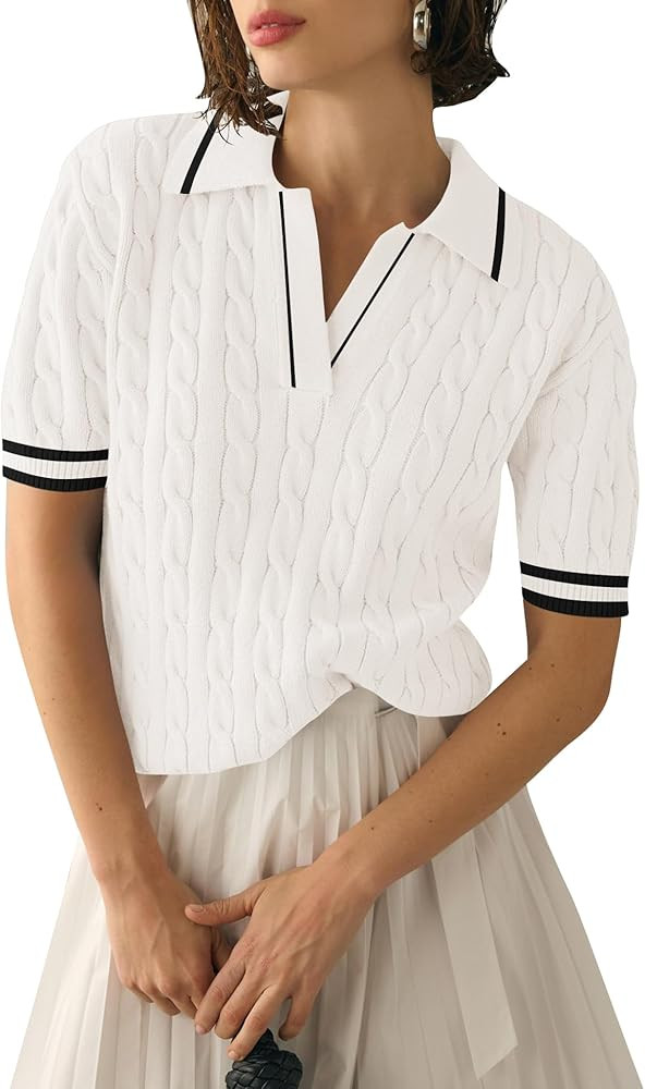 Micoson Womens Short Sleeve Sweater Tops Lapel V Neck Polo Shirts 2026 Summer Cable Knit Loose Bl... | Amazon (US)