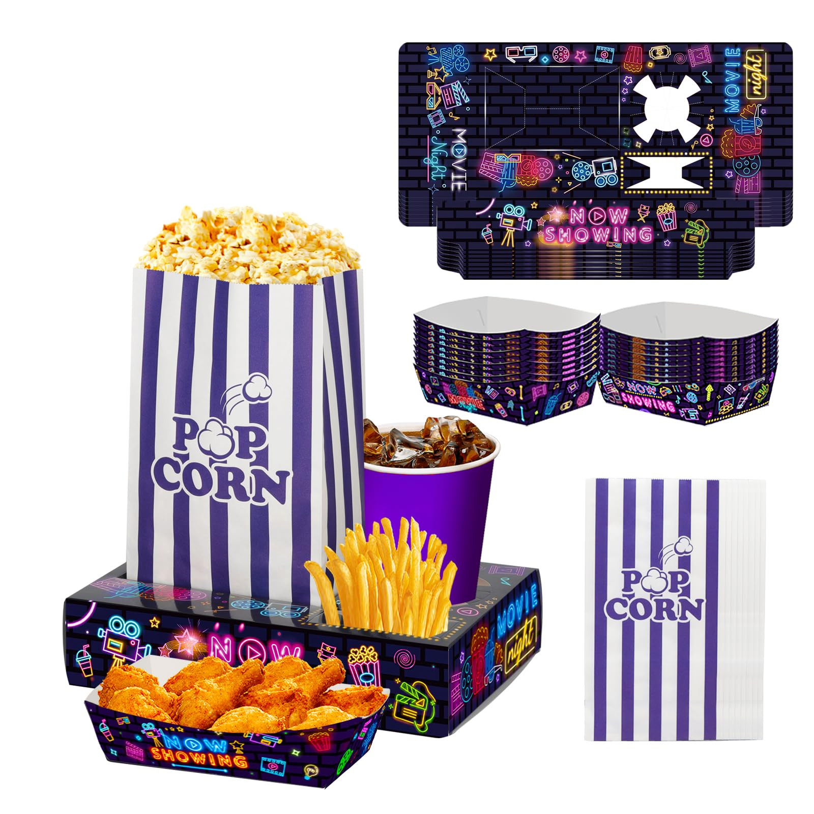 60Pcs Movie Night Supplies 30Pcs Neon Movie Night Snack Trays with 15Pcs Popcorn Bags and 15Pcs P... | Amazon (US)