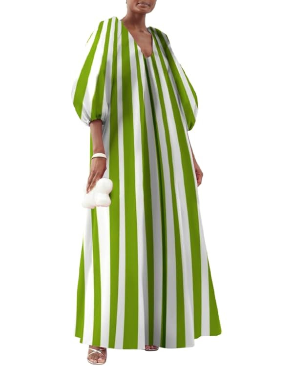 Women's Oversized Striped Lantern Sleeve V Neck Maxi Dress Casual Loose Printed Half Sleeve Long ... | Amazon (US)