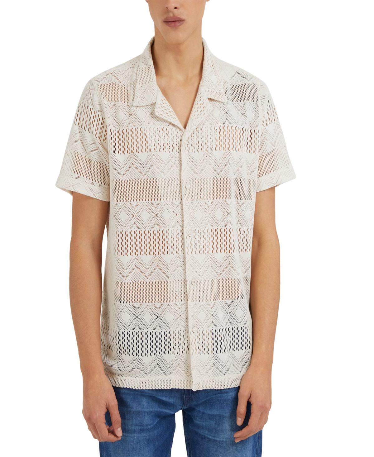 Guess Men's Short-Sleeve Geometric Crochet-Knit Shirt | Macys (US)