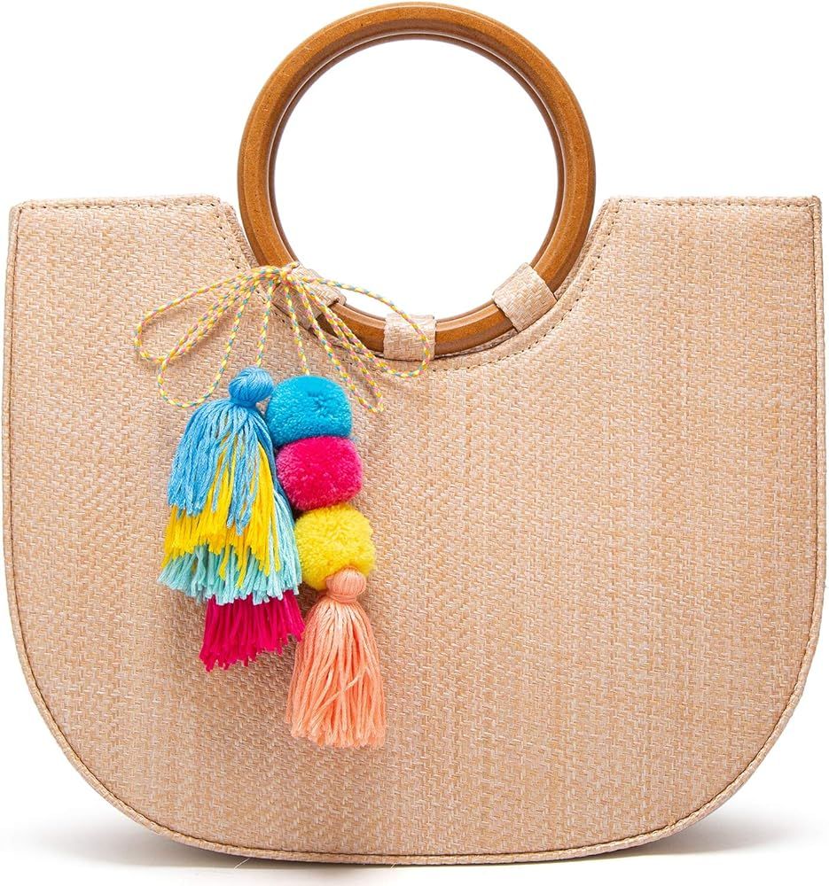 Womens Large Straw Beach Tote Bag Hobo Summer Handwoven Bags Purse wth Pom Poms | Amazon (US)