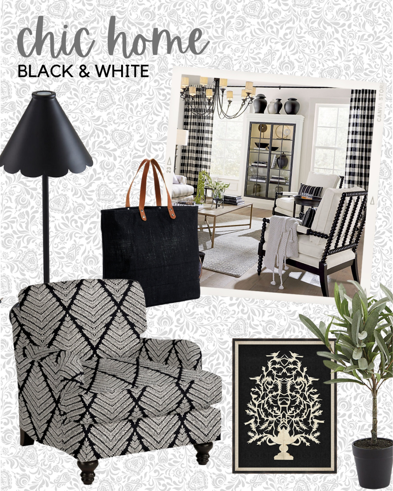 Chic and sophisticated home decor | cozy overstuffed upholstered chair, usb charged desk lamp, chic artwork, a leather handled tote, decorative olive topiary, and buffalo check widow treatments.


#LTKHome