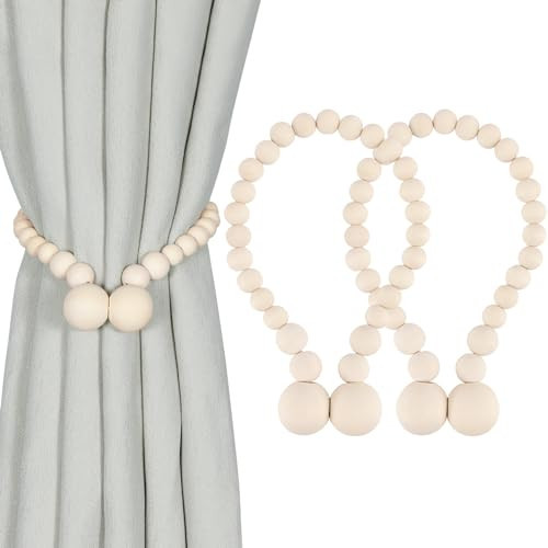 KLOGTSIND Magnetic Wood Bead Curtain Tiebacks, Curtain Holders for Boho Bedroom, Baby Nursery, Farmhouse Decor, Wood Color, 2 Packs | Amazon (US)